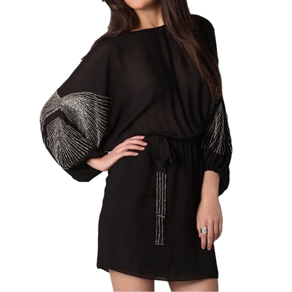 Parker silk dress with batwing beaded sleeves wing pattern